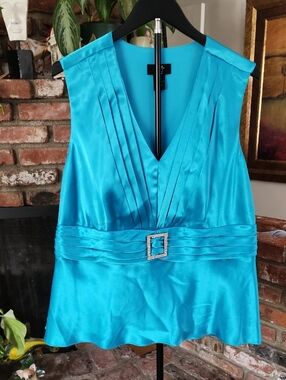 NWT Studio 1940 Turquoise Satin Rhinestone Buckle Y2K Party Top